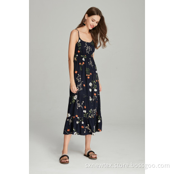 woven fashion tiers printed viscose ladies strapy dress